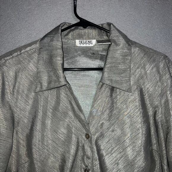 Selene Sport Blouse Women's Large Silver Metallic Button-Up 3/4 Sleeve Collard - Picture 4 of 7